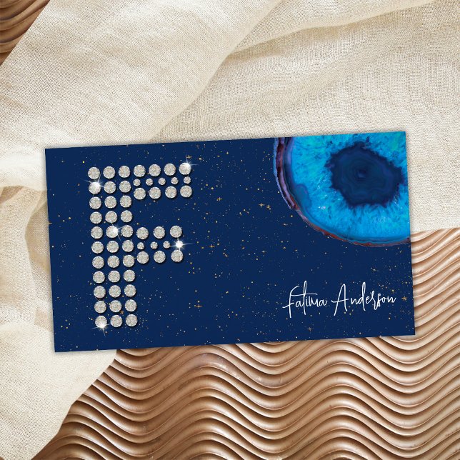 Cartão De Visita Chic Diamond Blue Agate inicial F - Letra Monogram (Front)