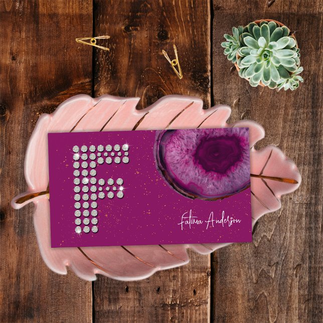 Cartão De Visita Chic Diamond Plum Agate inicial - Letra F Monogram (Front)