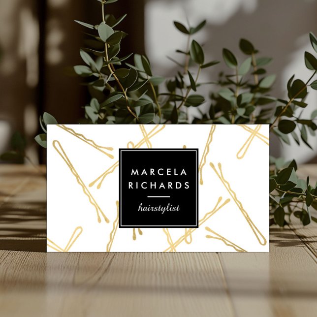 Cartão De Visita Chic Dourada Bobby Pins Hair Stylist Salon (Criador carregado)