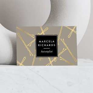 Cartão De Visita Chic Dourada Bobby Pins Hair Stylist Salon Cinza