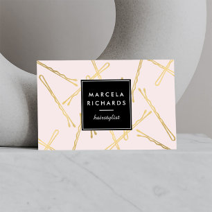 Cartão De Visita Chic Dourada Bobby Pins Hair Stylist Salon Rosa
