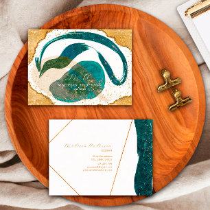 Cartão De Visita Chic Elegante Téágua Dourado Brilho Único Aquarela