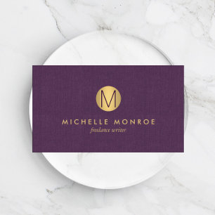 Cartão De Visita Chic Faux Dourado Minimalista Monograma Roxo Linen