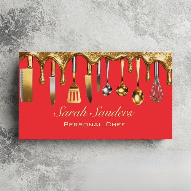Cartão De Visita Chic glam Pessoal Chef Catando Dourada Largura (Criador carregado)