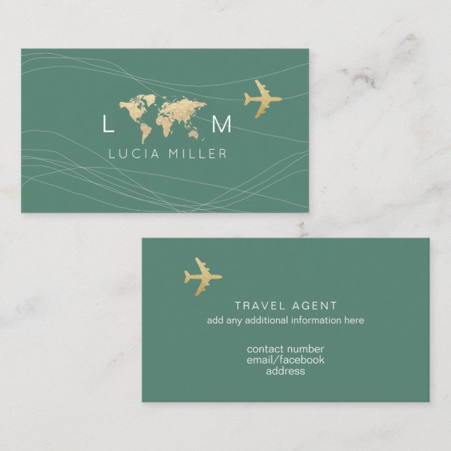 Cartão De Visita Chic Green Business Card for a travel agent (Frente/Verso)