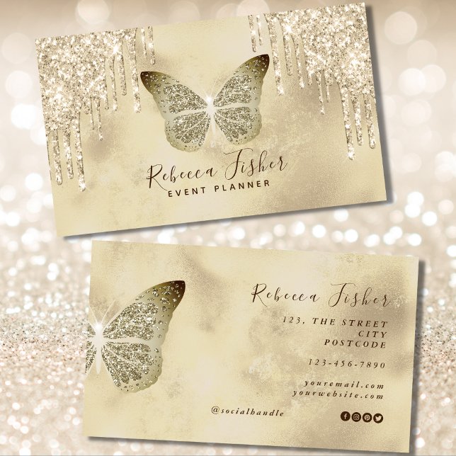 Cartão De Visita Chic Grunge Rustic Butterfly Dourada marfim (grunge butterfly business cards)