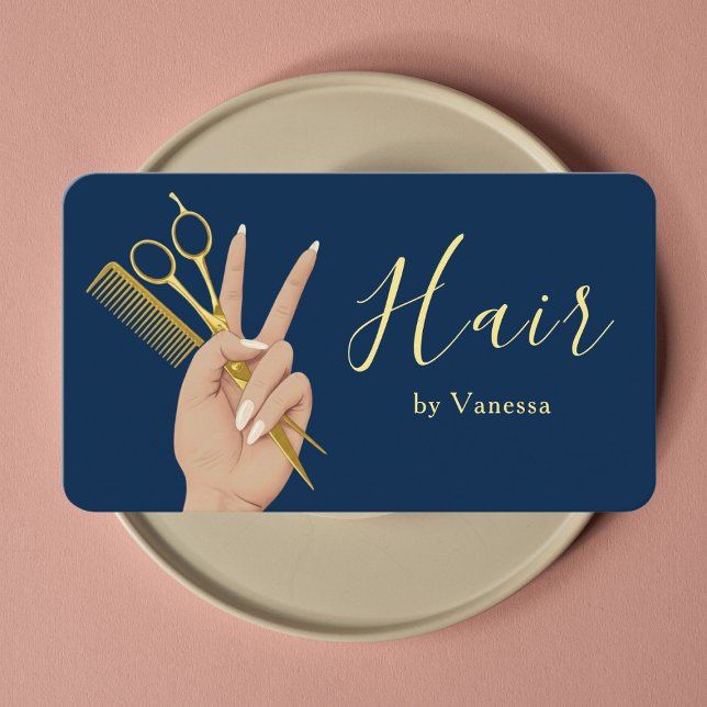 Cartão De Visita Chic Hair Salon Hairstylist Hairdresser Navy Blue (Criador carregado)