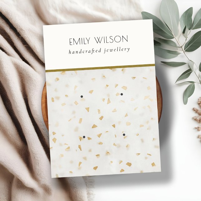 Cartão De Visita Chic Ivory Dourado Terrazzo Marble Texture 2 Earra (Criador carregado)