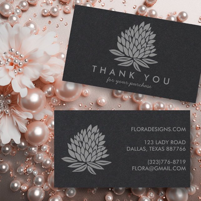 Cartão De Visita Chic Lotus Flowers Luxe Soft Cinza Order Obrigado (Custom order thank you cards with luxe lotus design. Customer appreciation card)