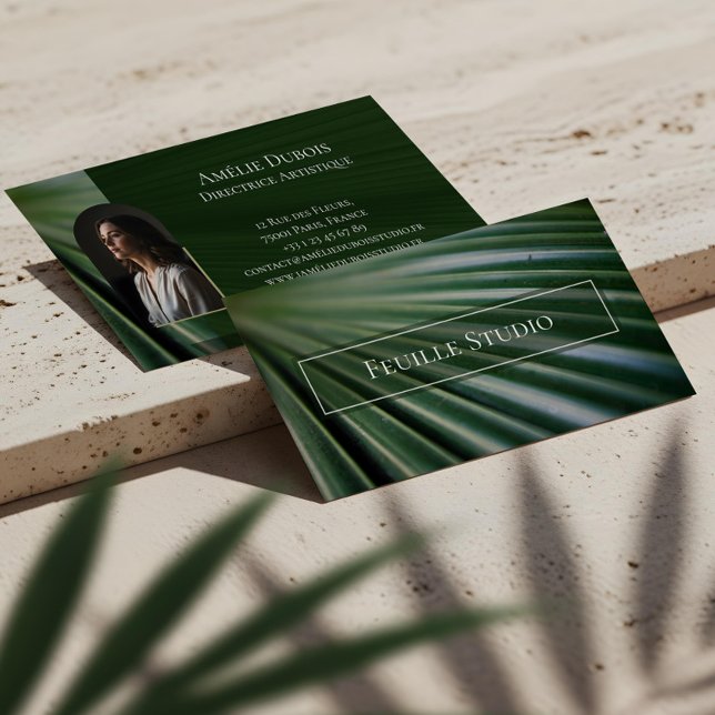 Cartão De Visita Chic Moody Elegant Palm Leaf Luxury Feminine Photo (Chic Moody Elegant Palm Leaf Luxury Feminine Photo Business Card)