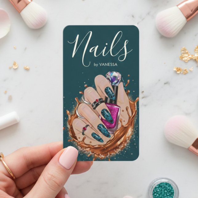 Cartão De Visita Chic Nail Art Studio Manicurist Artist Dark Green (Criador carregado)