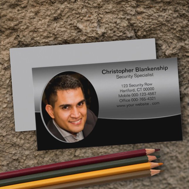 Cartão De Visita Chic Onda Preta e Cinza Profissional Photo  (business card custom photo front template blank back)