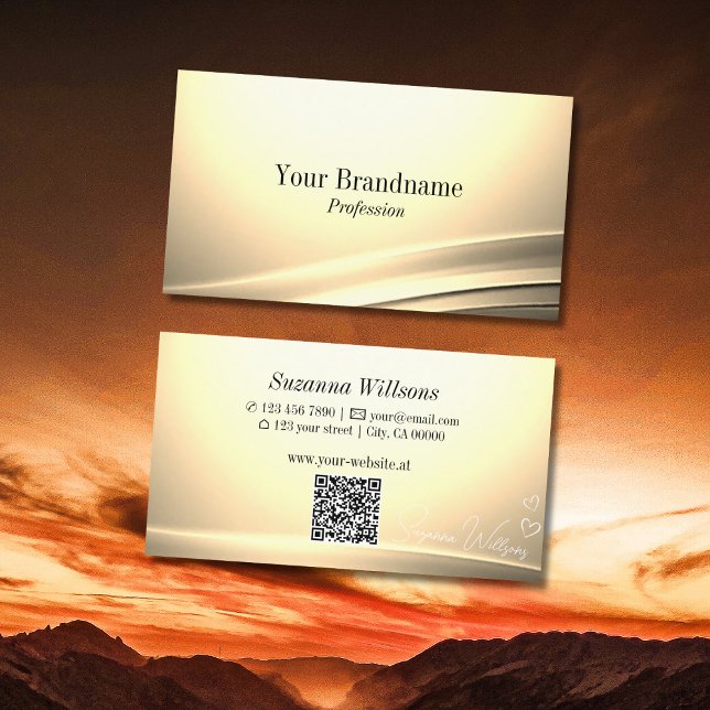 Cartão De Visita Chic Pastel Seda Decoração Curvada com Código QR (Criador carregado)