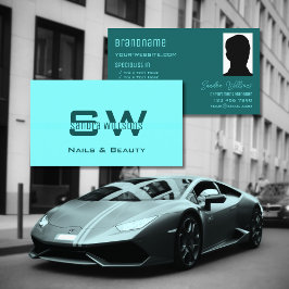 Cartão De Visita Chic Plain Light Dark Teal com Monograma e Foto