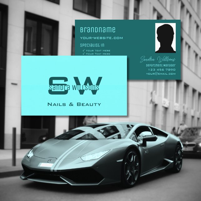 Cartão De Visita Chic Plain Light Dark Teal com Monograma e Foto (Criador carregado)