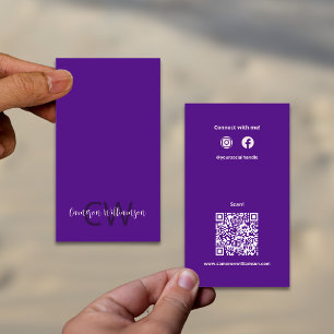 Cartão De Visita Chic Solid Indigo Purple Monograma QR Código Socia