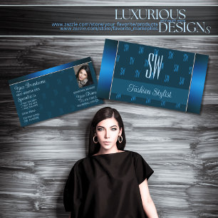 Cartão De Visita Chic Teal Blue com Padrão de Foto e Monograma