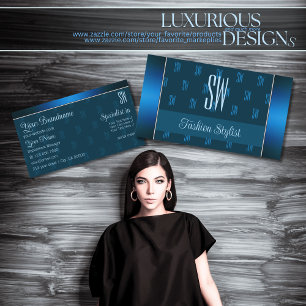 Cartão De Visita Chic Teal Blue com Padrão Inicial Profissional