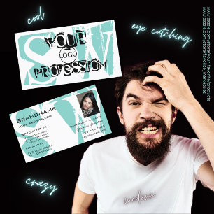 Cartão De Visita Chic Teal White Black com logotipo fotográfico e m