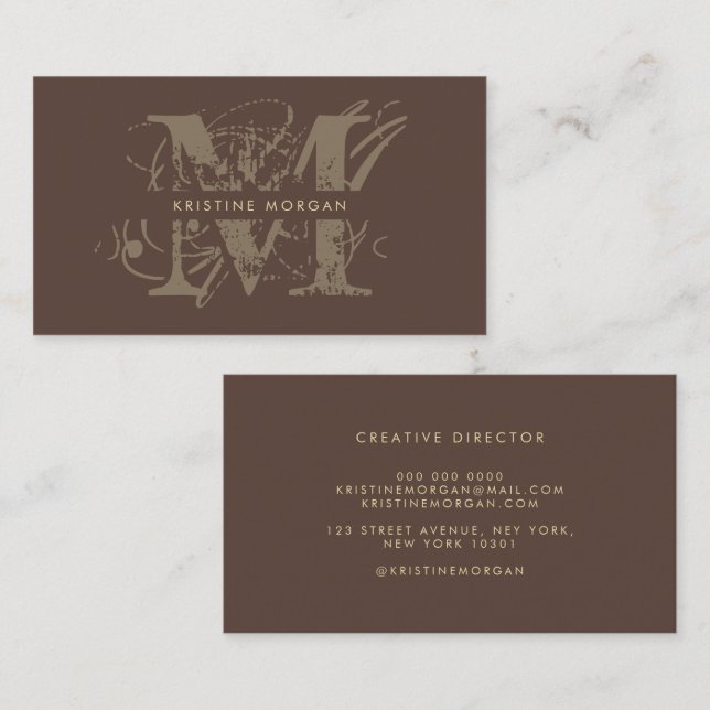 Cartão De Visita Chic typography brown monogram name (Frente/Verso)