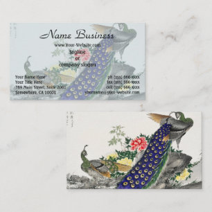 Cartão De Visita Chinoiserie Pavão Azul Peônia Rosa Arte Botânica