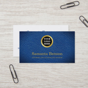 Cartão De Visita Chique Logotipo Redondo Dourado de Couro Azul Mari