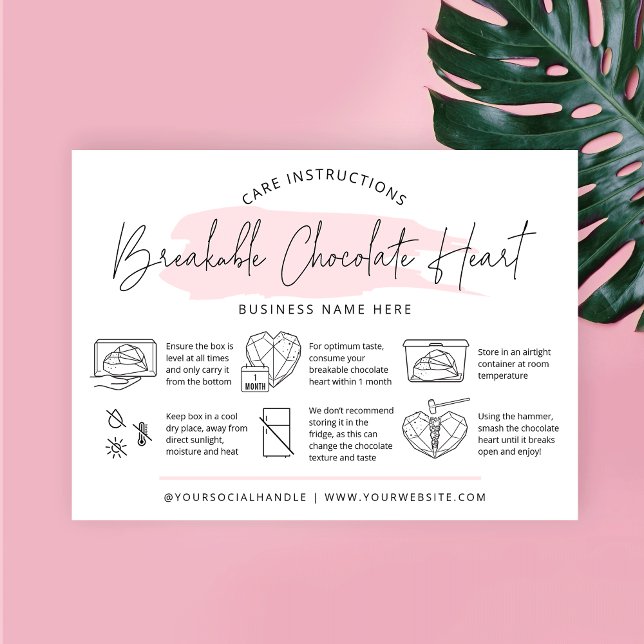 Cartão De Visita Chocolate Smash Heart Instructions Bakery (Breakable chocolate heart care instructions business cards with pink watercolor background and icons)
