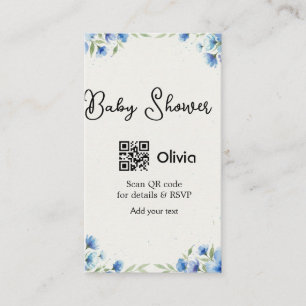 Cartão De Visita chuva de bebê em aquarela azul código QR scan RSVP