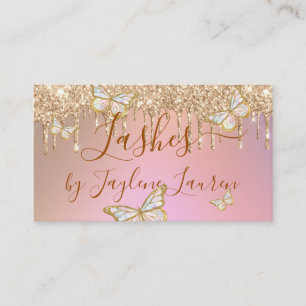 Cartão De Visita Cílios Borboleta Glam Drips Brilho Dourado Rosa