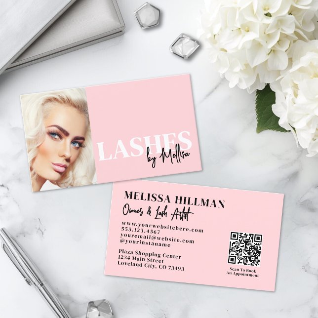 Cartão De Visita Cílios de Foto Código QR Script Rosa Corado (Blush Pink Script QR Code Photo Lashes Business Card)