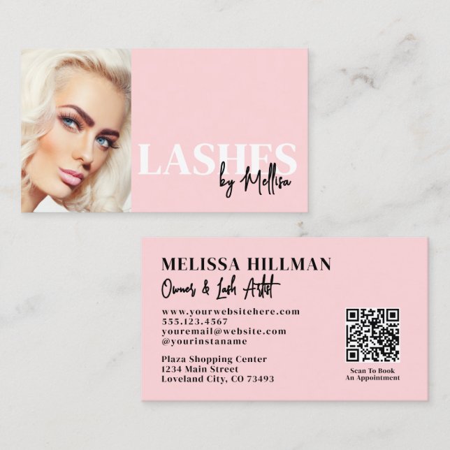Cartão De Visita Cílios de Foto Código QR Script Rosa Corado (Frente/Verso)