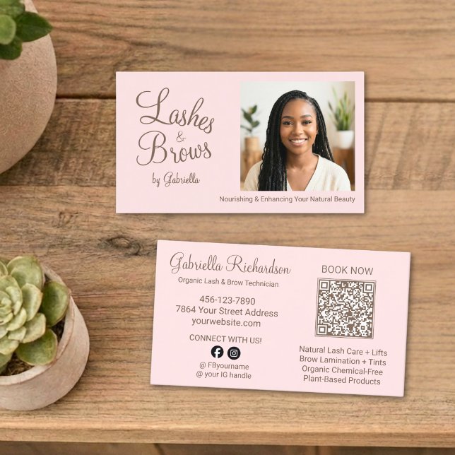 Cartão De Visita Cílios e Sobrancelhas Código QR Foto Script Rosa R (Criador carregado)