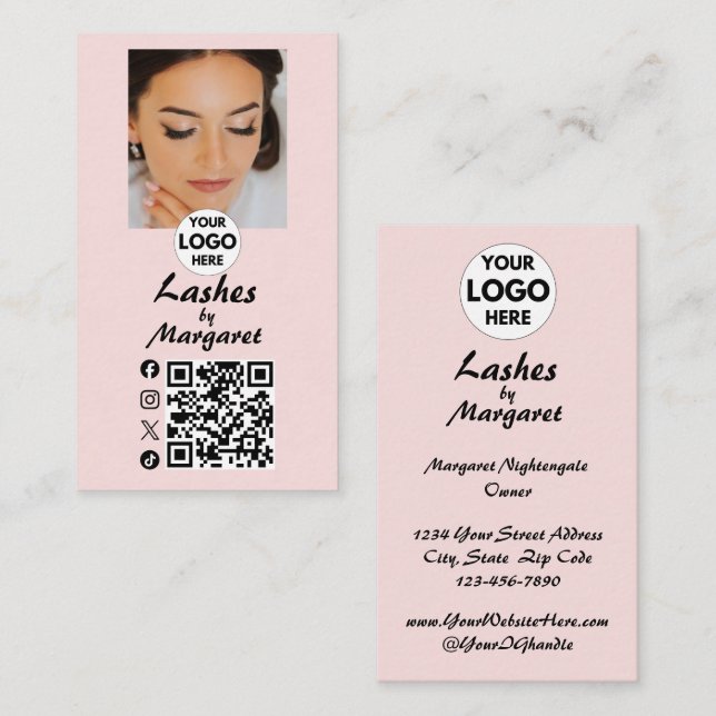 Cartão De Visita Cílios Foto Código QR Ícone Social Script Rosa Rub (Frente/Verso)
