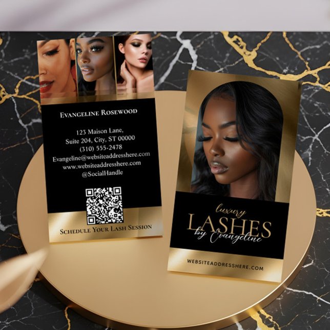 Cartão De Visita Cílios Postiços de Luxo Arco Foto Preto Dourado (Luxury Eye Lashes Extensions Arch Photo Black Gold Business Card)