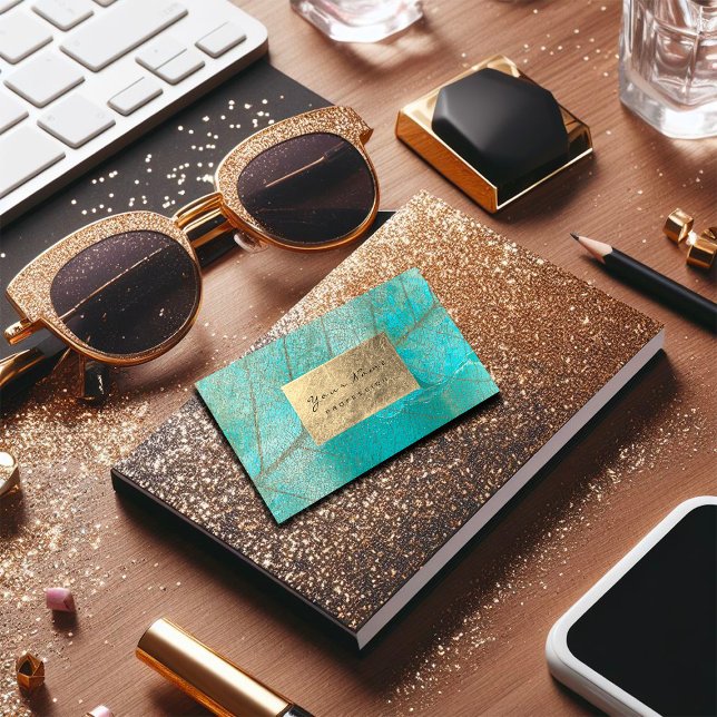 Cartão De Visita Cimento de Cimento Botânico Azul Aqua Oceano Azul (Aqua Ocean Blue Gold Foil Botanical Cement Grungy Business Card)