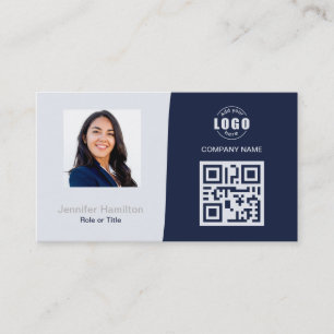 Cartão De Visita Cinza Azul Escuro de Foto QRCode Personalizado Pro
