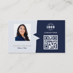 Cartão De Visita Cinza Azul Escuro de Foto QRCode Personalizado Pro