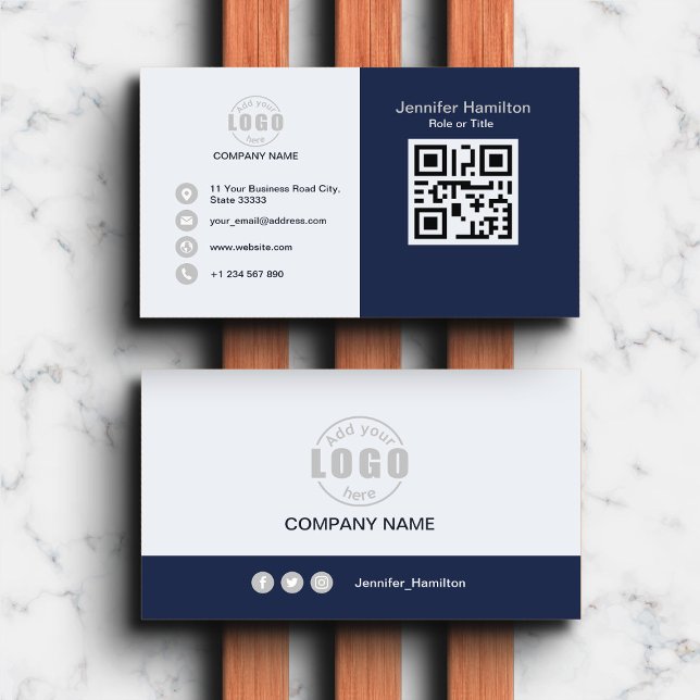 Cartão De Visita Cinza azul profissional adicione seu código QR de  (Criador carregado)