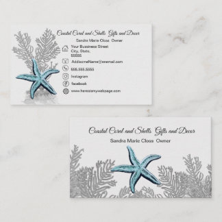 Cartão De Visita Cinza de coral Azul Starfish Simples Costeira