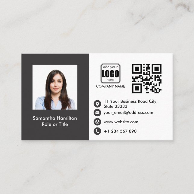 Cartão De Visita Cinza de fotos QRCode personalizadas profissionais (Frente)