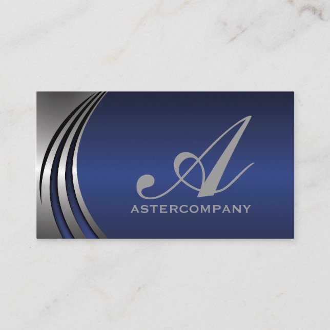 Cartão De Visita Cinza de prata de metal azul, monograma (Frente)