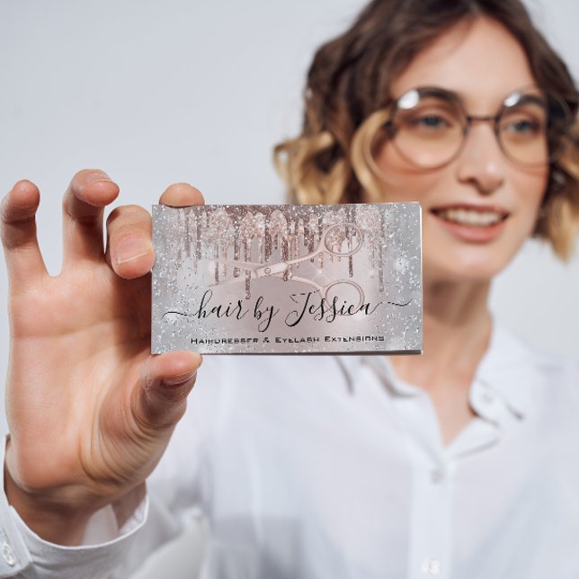 Cartão De Visita Cinza de tesoura de cabelos Stylist com hairdresse (Criador carregado)