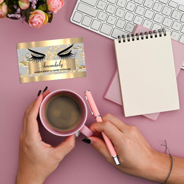 Cartão De Visita Cinza Dourada de Extensão Eyelash Makeup Microblad (Microblade Makeup Eyelash Extension Gold Gray Business Card)