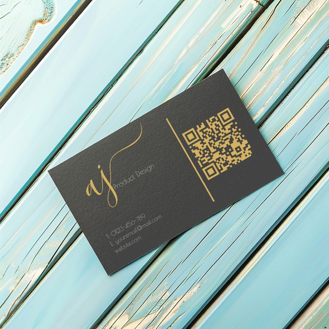 Cartão De Visita Cinza e monograma dourado (Grey and gold coloured monogram QR code business card with space for your own QR code.)