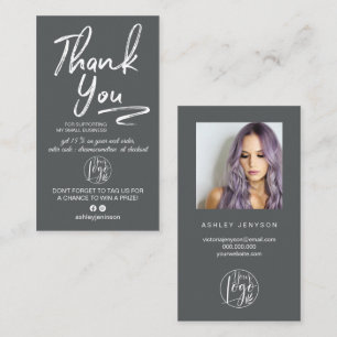Cartão De Visita Cinza escovada script foto logotipo obrigado de pe