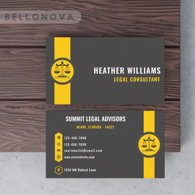 Cartão De Visita Cinza Escura Personalizada - Departamento Jurídico (Custom Dark Grey Black Yellow Legal Department Business Card)
