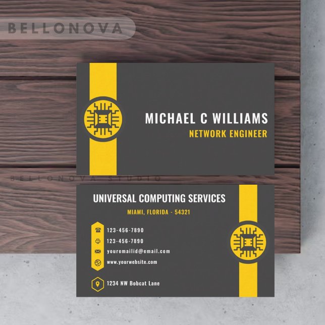 Cartão De Visita Cinza Escura Personalizada Tecnologia Amarelo Pret (Custom Dark Grey Black Yellow Technology Business Card)