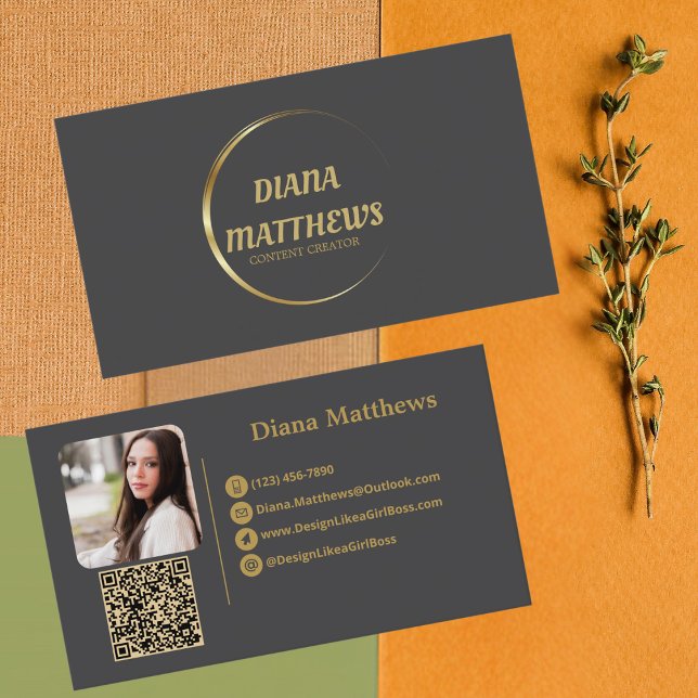 Cartão De Visita Cinza moderna Dourada,QR Code Professional Photo (Criador carregado)