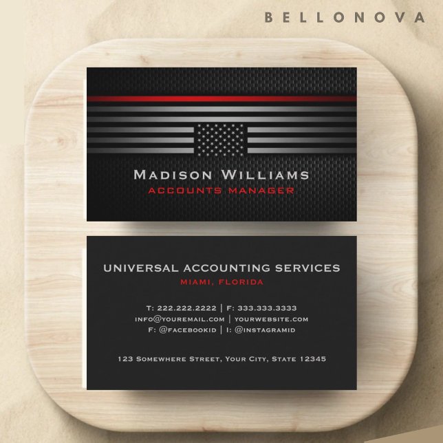 Cartão De Visita Cinza Negra Personalizada Vermelha EUA Sinalizador (Custom Black Grey Red The USA America Flag Premium Business Card)