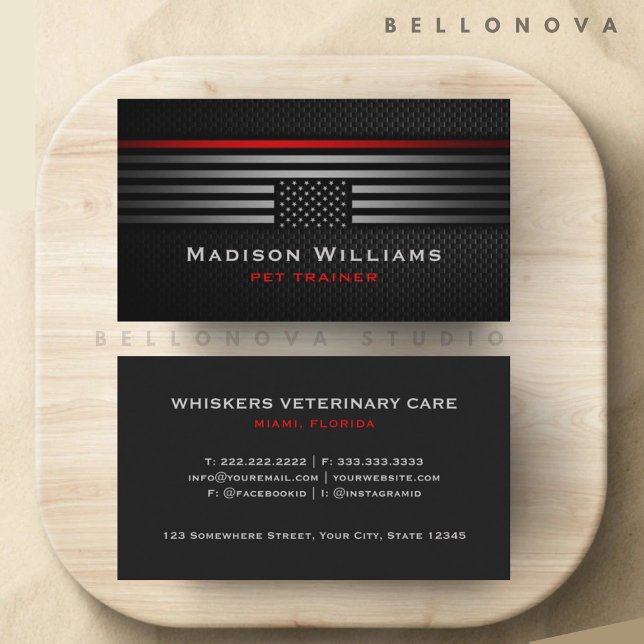 Cartão De Visita Cinza Negra Personalizada Vermelha EUA Sinalizador (Custom Black Grey Red The USA America Flag Premium Business Card)